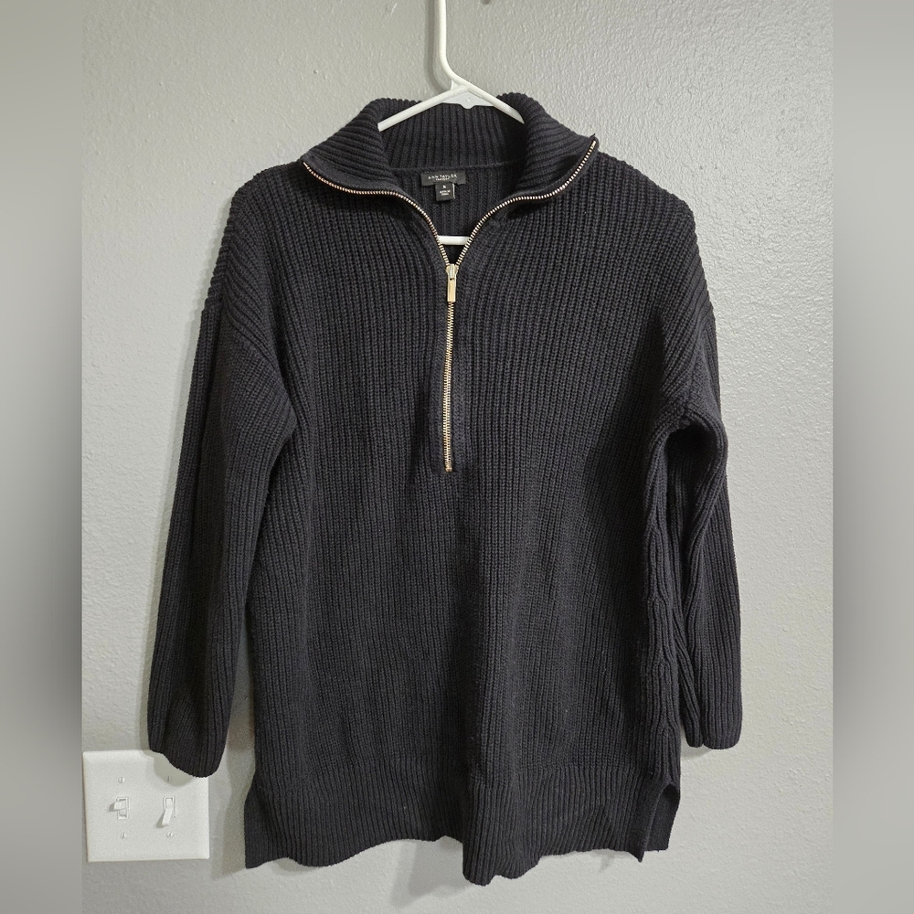 Ann Taylor Factory Black Knit Half Zip-up Sweater Size Medium